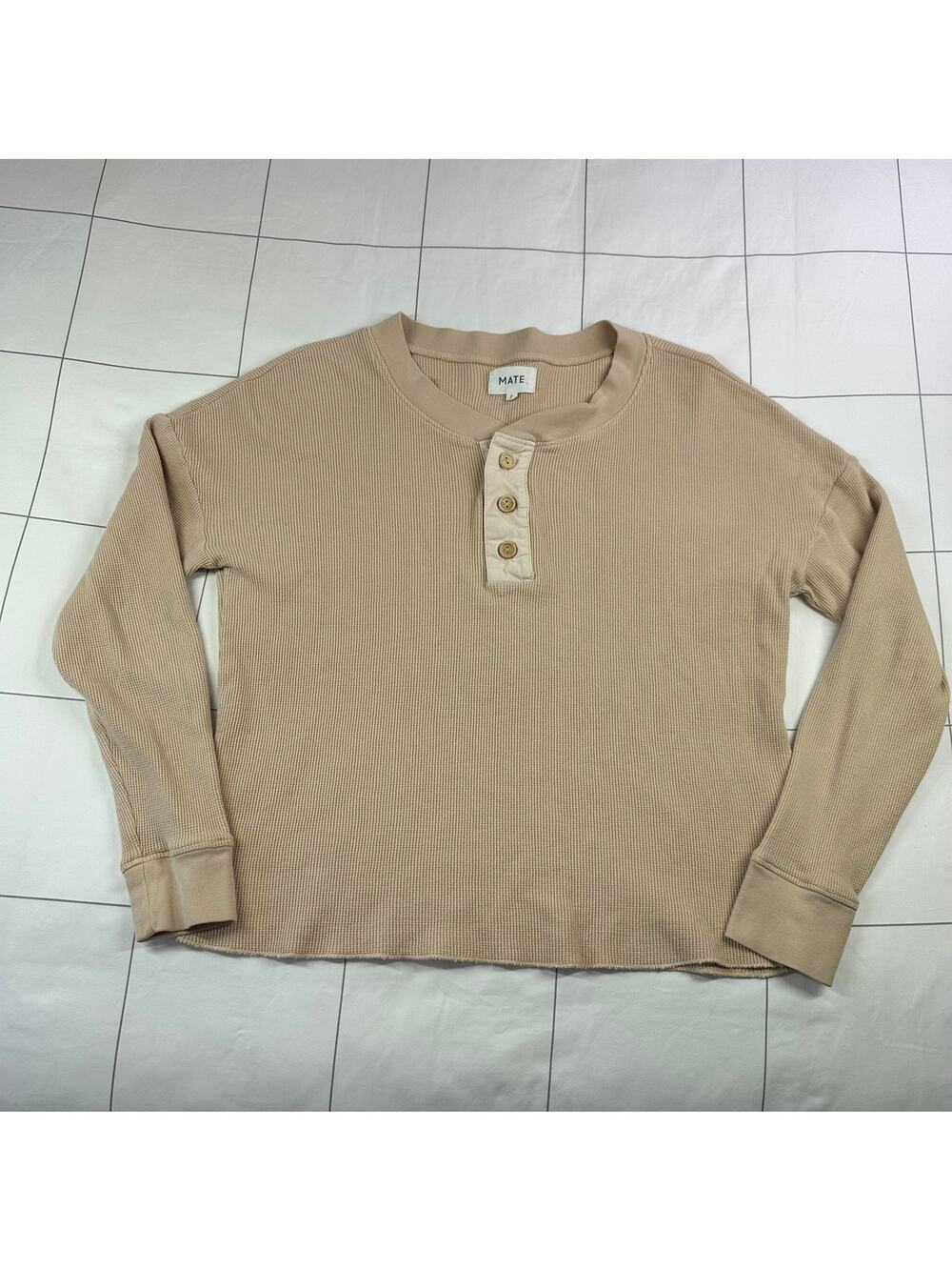 Mate the Label Top Womens Small Tan Henley Thermal Organic Cotton Long Sleeve